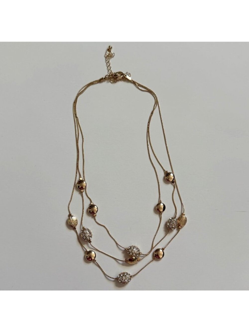 Multi-Strand Gold Tone Necklace W/ A Mixture of Beads & Rhinestones-11 in